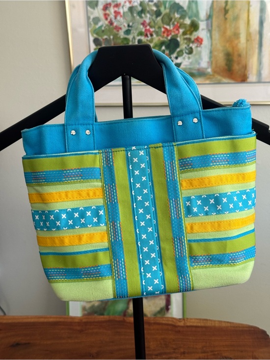 Tianni Handbags - Vintage Tianni Canvas Ribbon Striped Tote Bag Blue Green Yellow Embroidered Y2K!